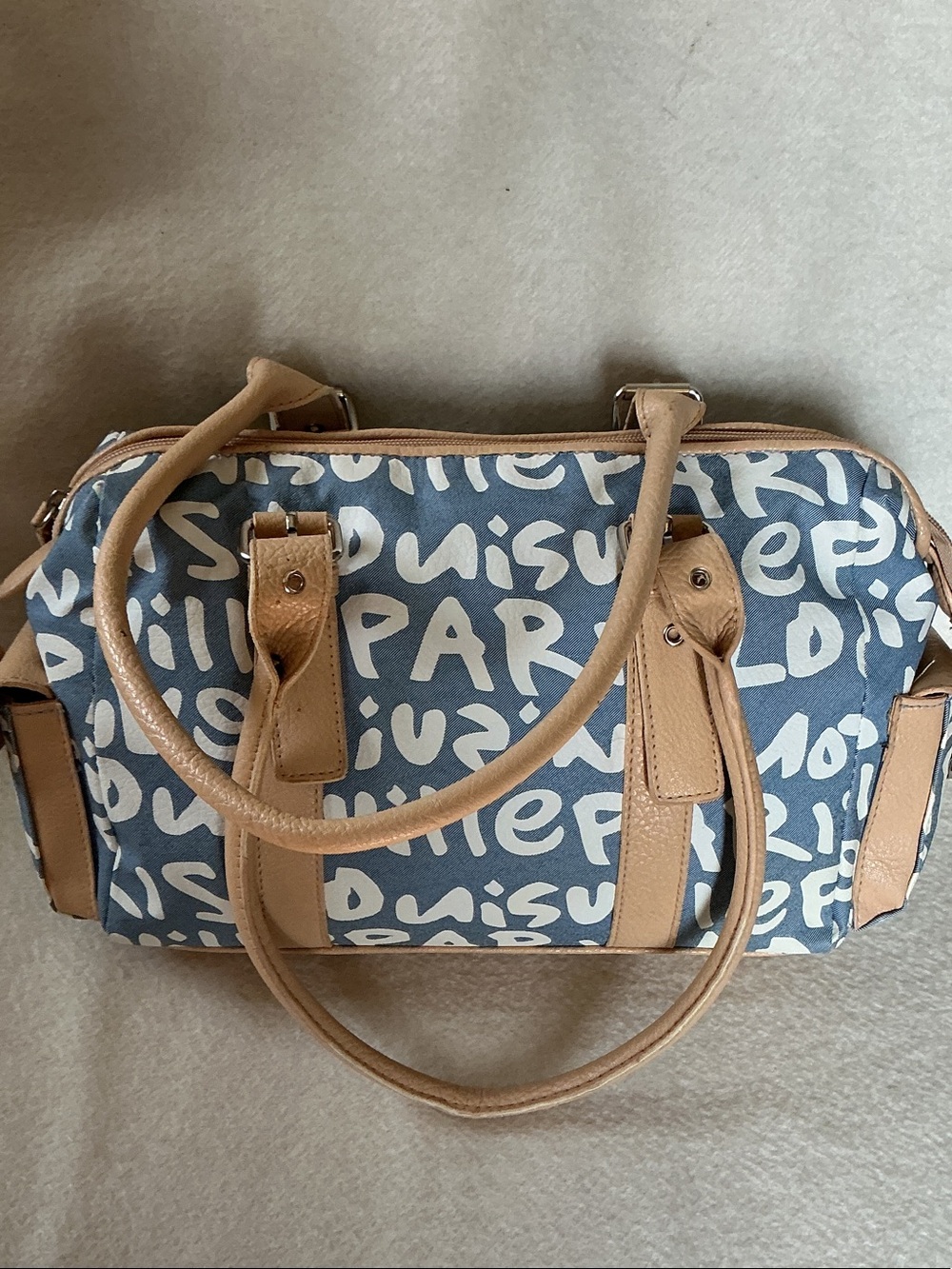 Bueno Canvas Script Tote in Blue with Tan Trim
